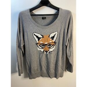 Torrid Womens Grey Fox with Glasses Cotton Knit Pullover Sweater Size 2 Plus